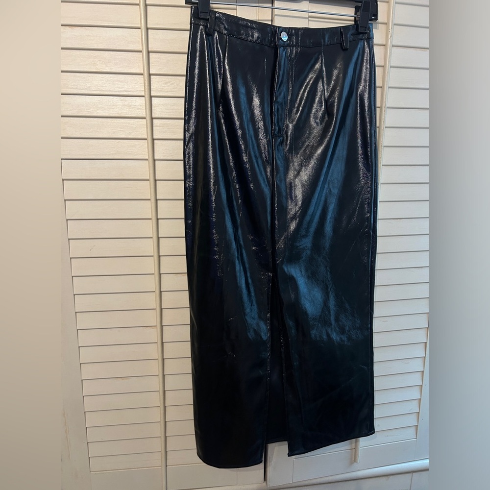 Missguided shiny black faux leather maxi skirt with front slit US Size 6